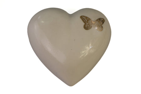 Mini heart urn white cream with gold butterfly Beige