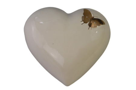 Mini heart urn white cream with gold butterfly Beige