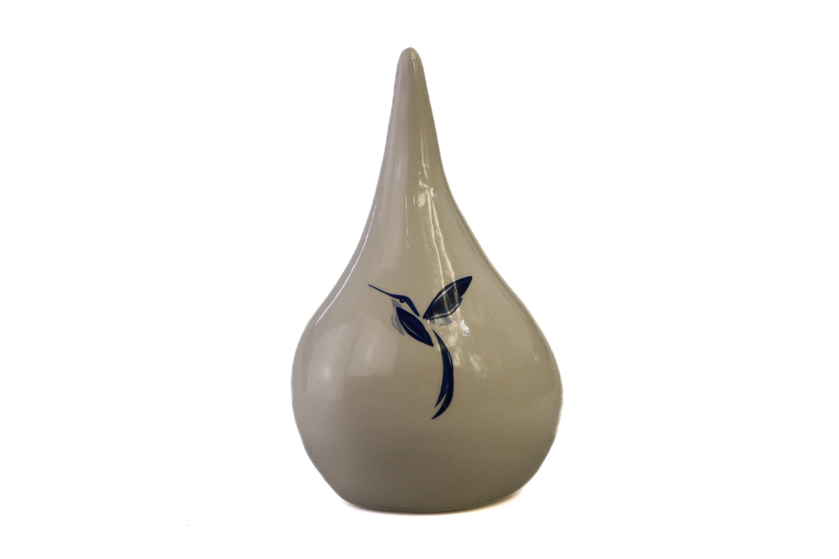 White drop urn with delphinium blue hummingbird Beige