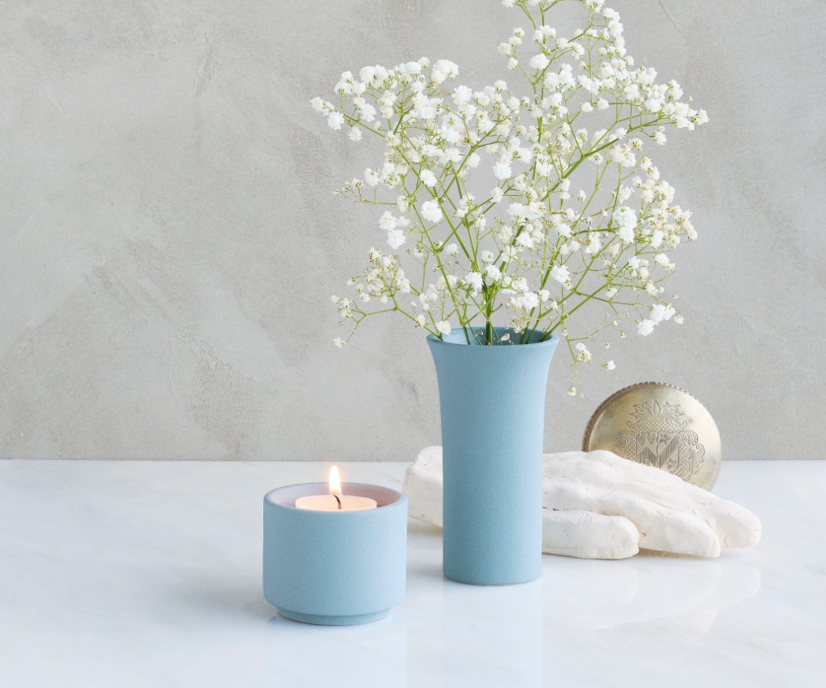 HELIOS - handmade mini urn with tea light holder in gray-blue engobe Grey Blue