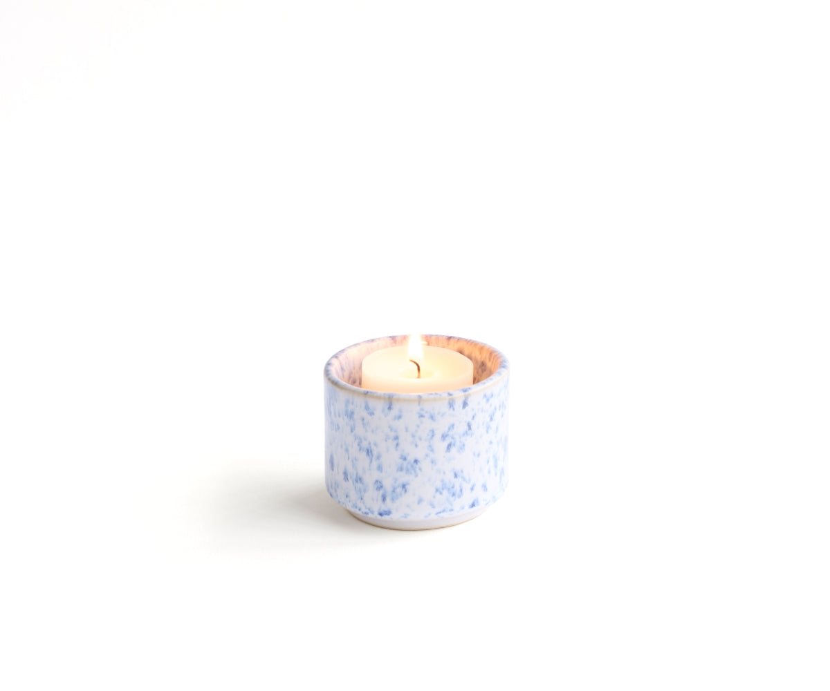 HELIOS - handmade mini urn with tea light holder in white and blue speckled ceramic White Blue