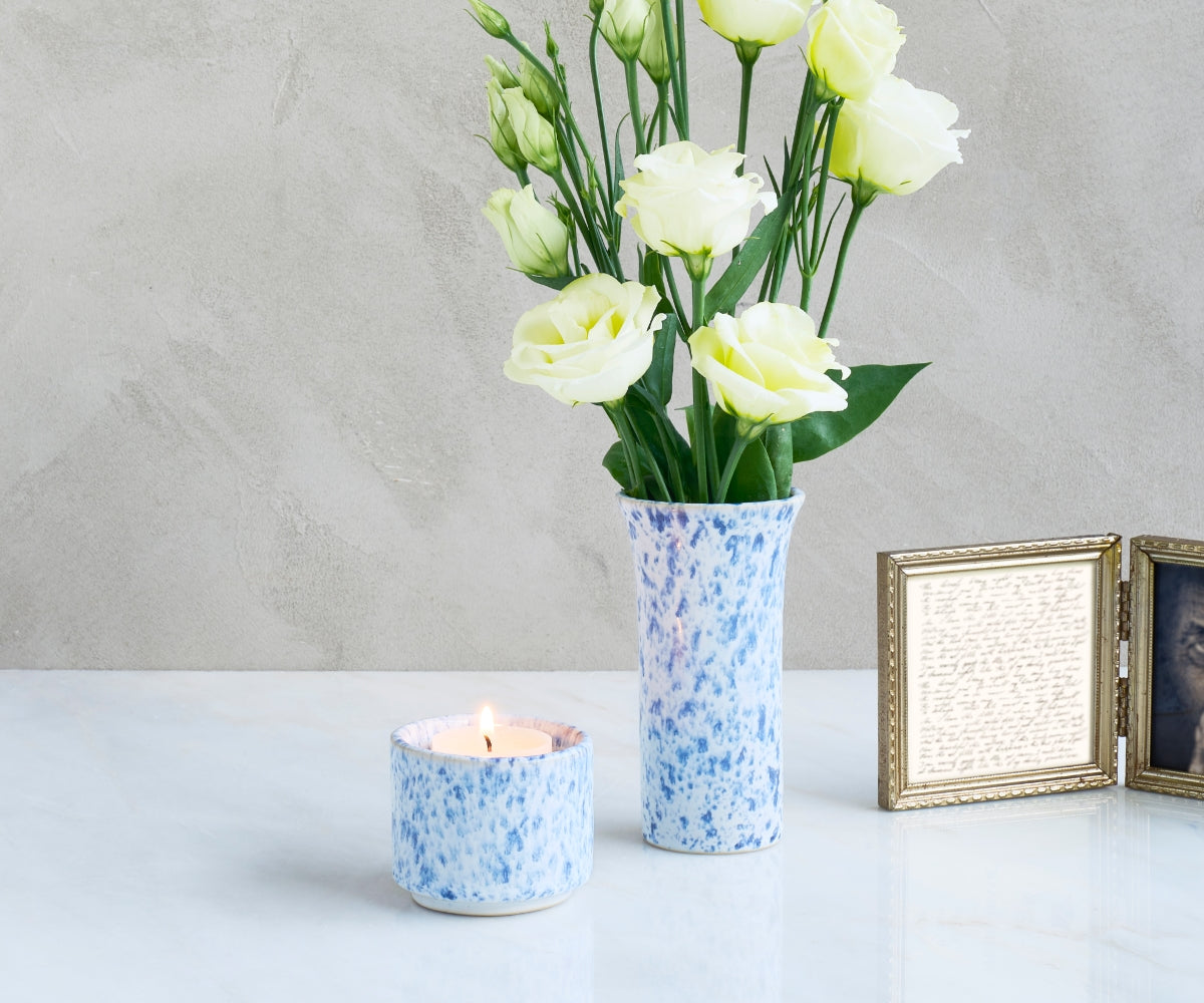 HELIOS - handmade mini urn with tea light holder in white and blue speckled ceramic White Blue